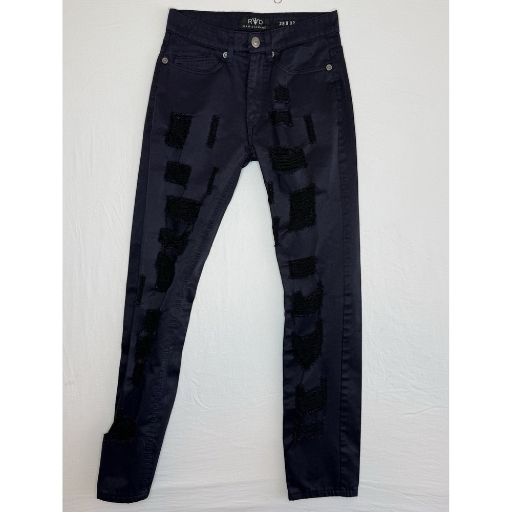 Raw Diamond Jeans Men's Slim Fit Distressed Black Dark Wash Biker Jeans 28x32